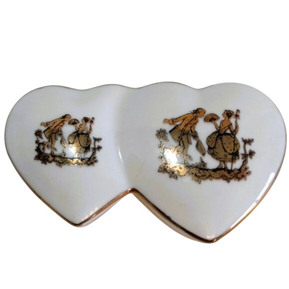 Vintage 1950's Porcelain-Double Heart Shaped-Gold Trim-Lady Angela Trinket Box - Picture 5 of 12